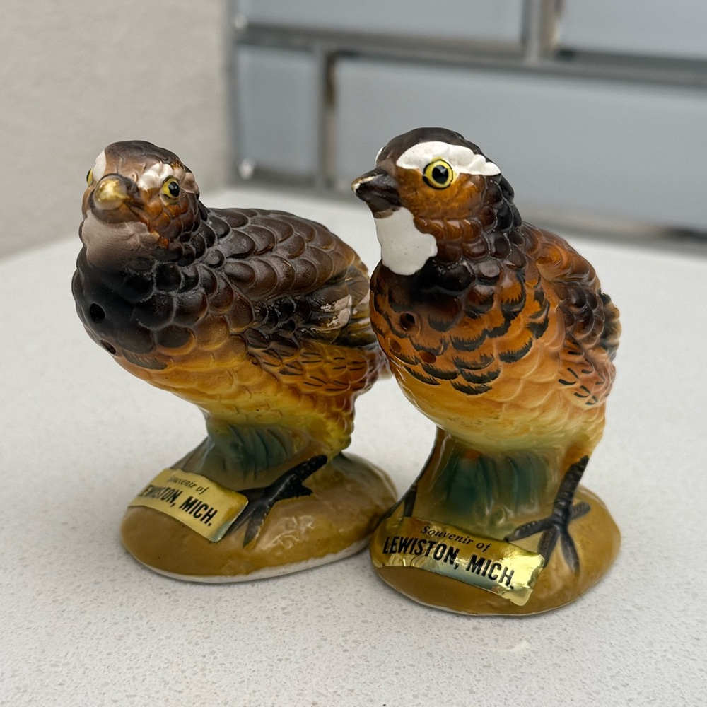 Vintage Salt & Pepper Shakers Souvenir Lewiston Michigan Quails Pair of Birds - Picture 3 of 13